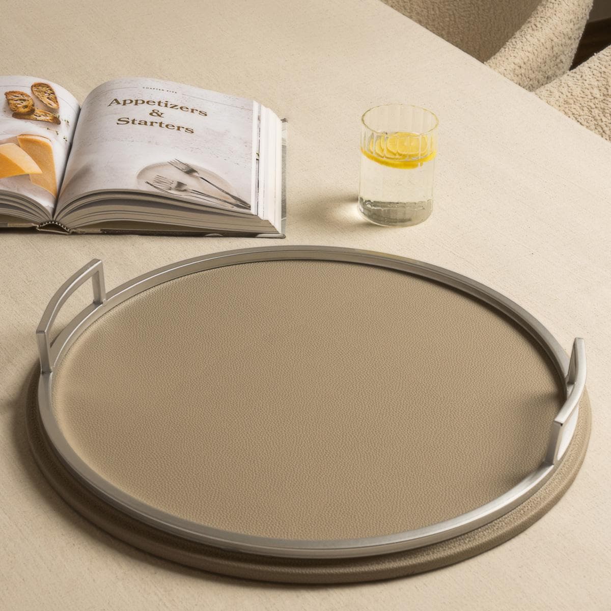 Dana Leather Round Tray Grey 45X6 cm