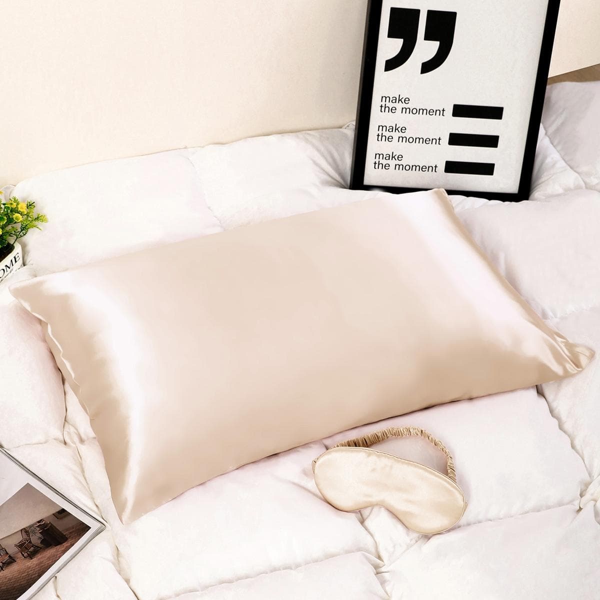 طقم غطاء وسائد مع قناع للعين بيور سيلك بيج فاتح 50×75 سم