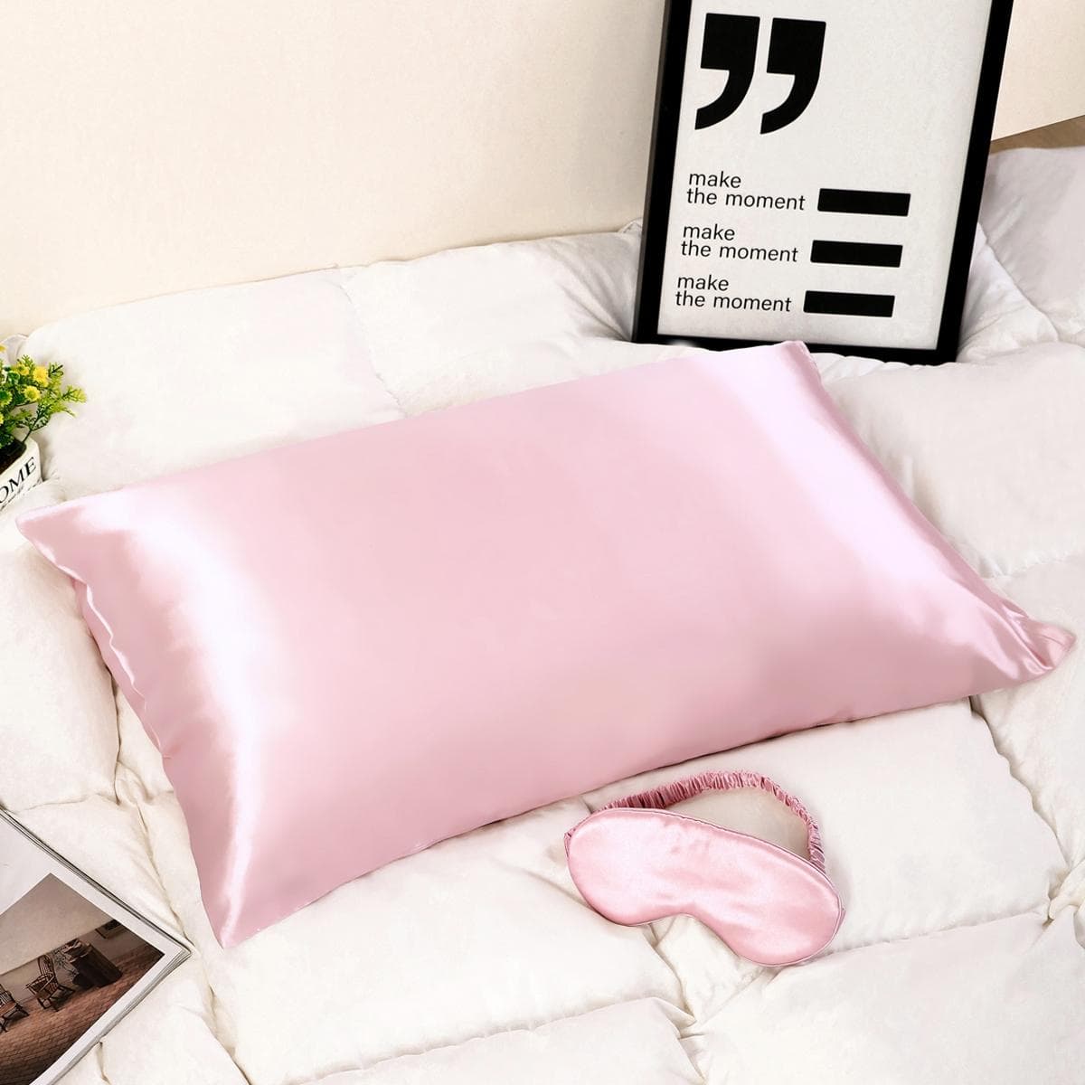 طقم غطاء وسائد مع قناع للعين بيور سيلك وردي 50×75 سم