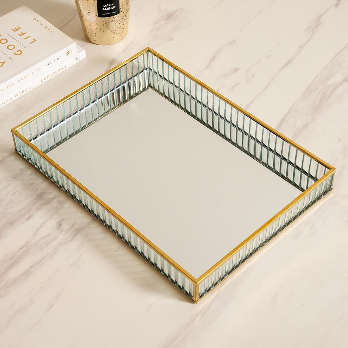 Alira Glass Tray Gold 35X25X4.5 cm