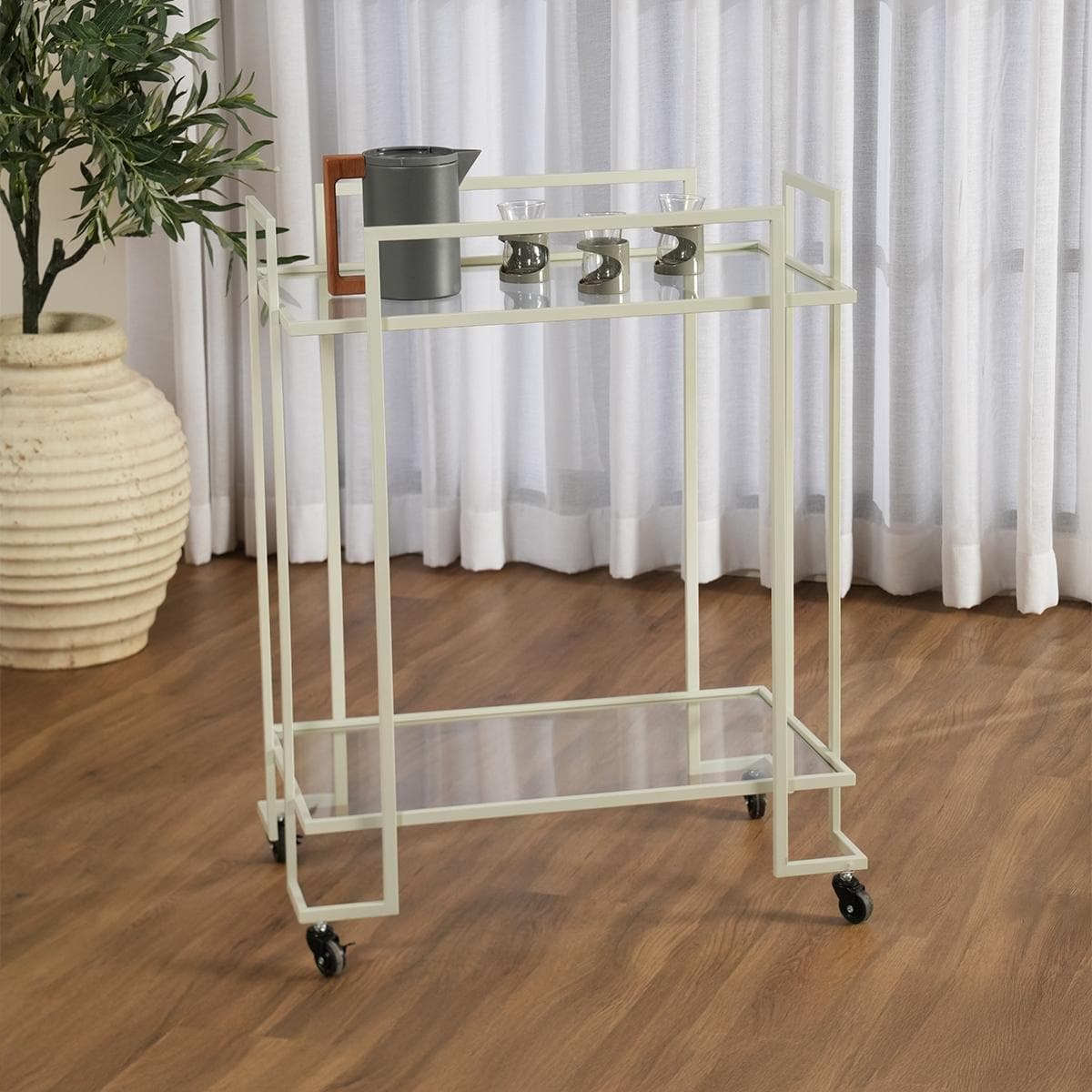 عربة بار تاون بطابقين معدن/زجاج رمادية 66×40×84 سم