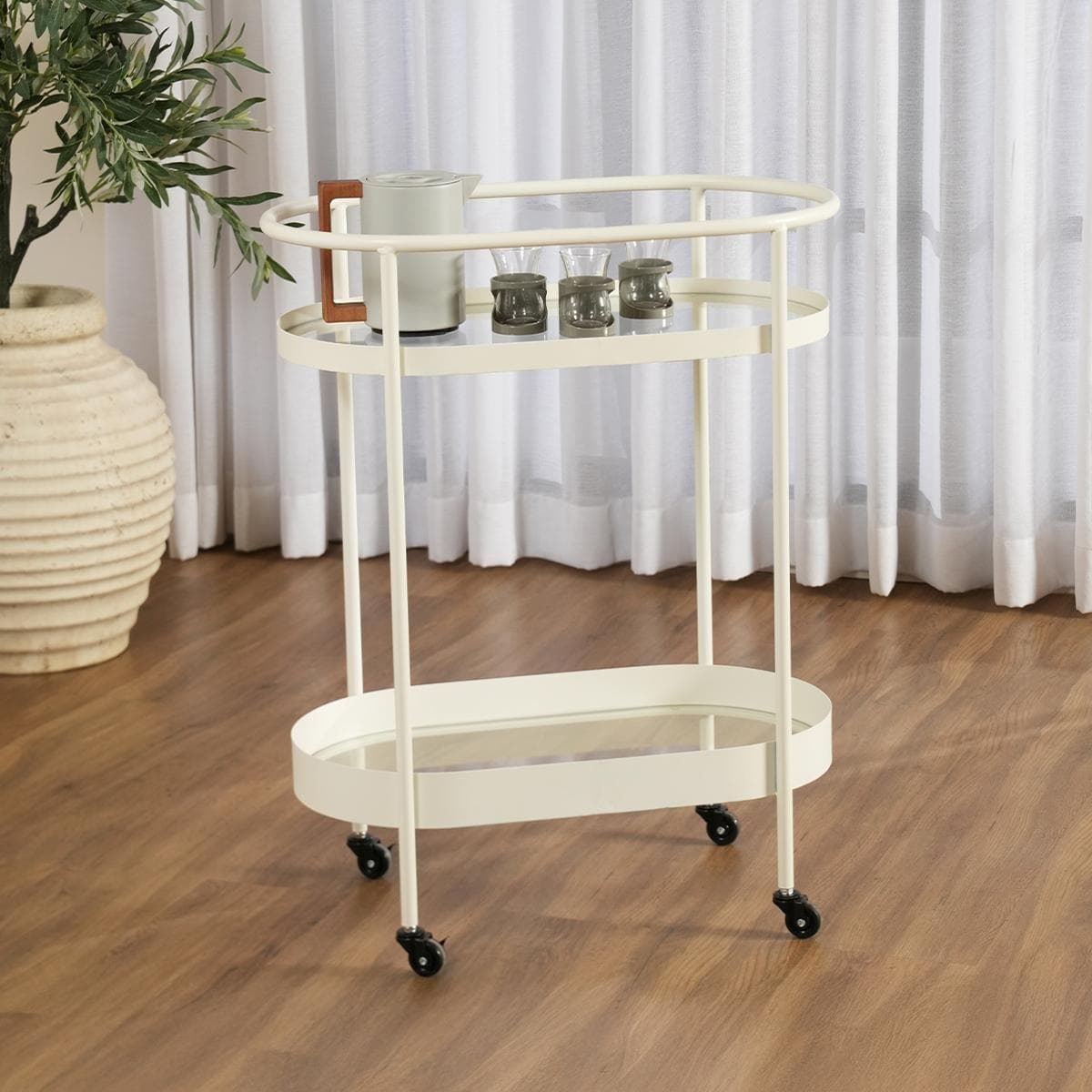 عربة بار أوبّي بطابقين كريمي 62.5×35.5×78 سم