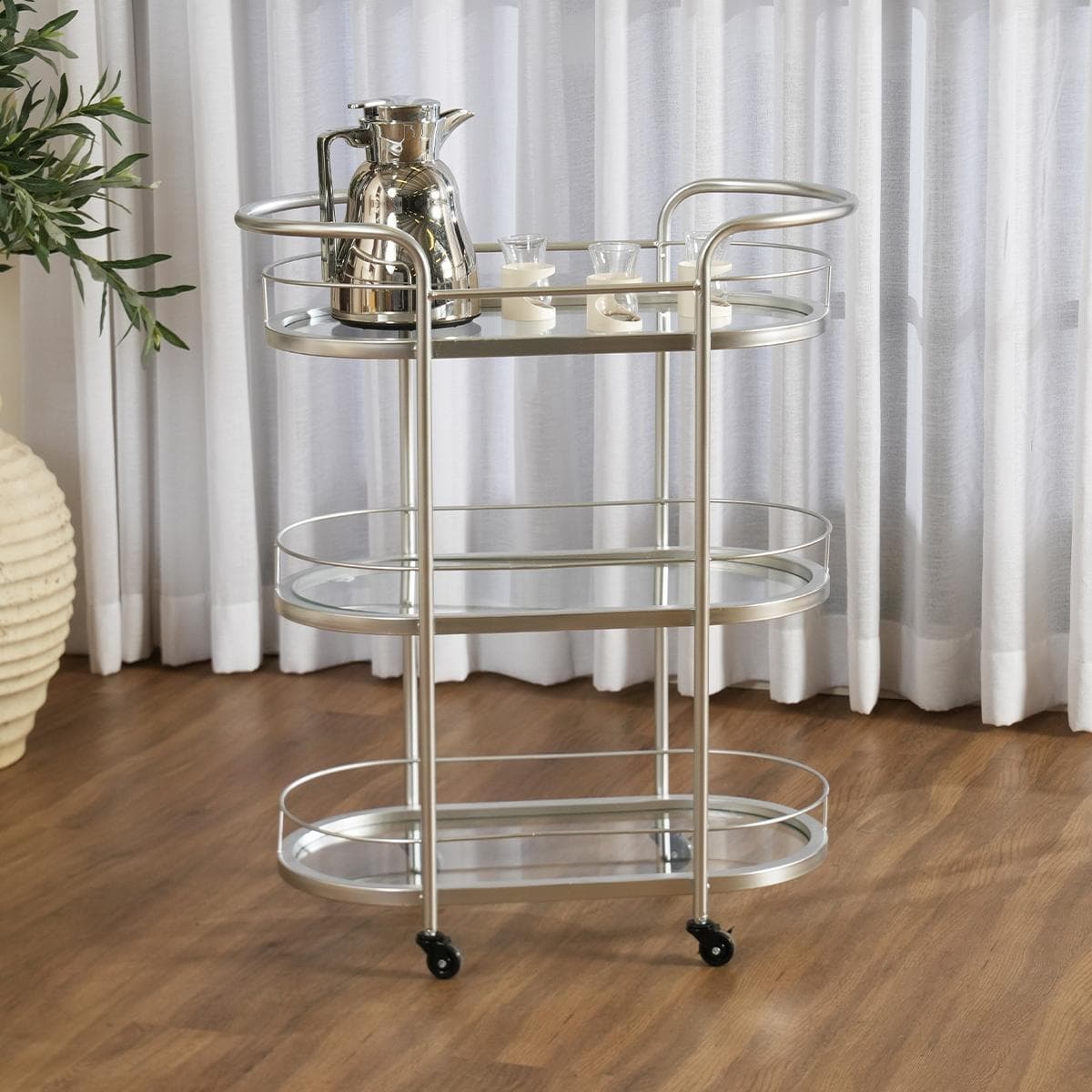 عربة بار أونريكس بثلاثة طوابق معدن/زجاج فضي 68×36×82 سم