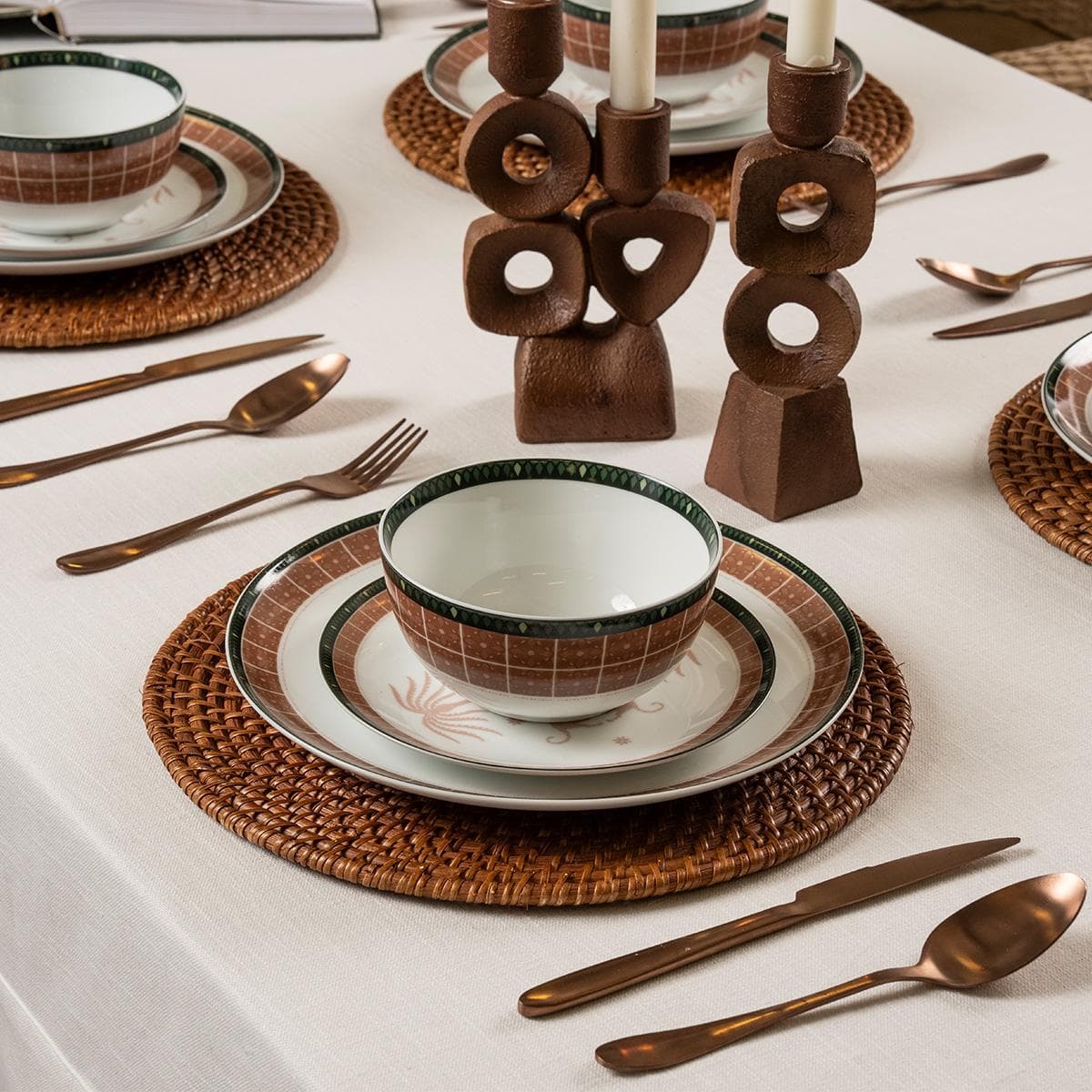 طقم عشاء أزرو بورسلين بني/أخضر18 قطعة