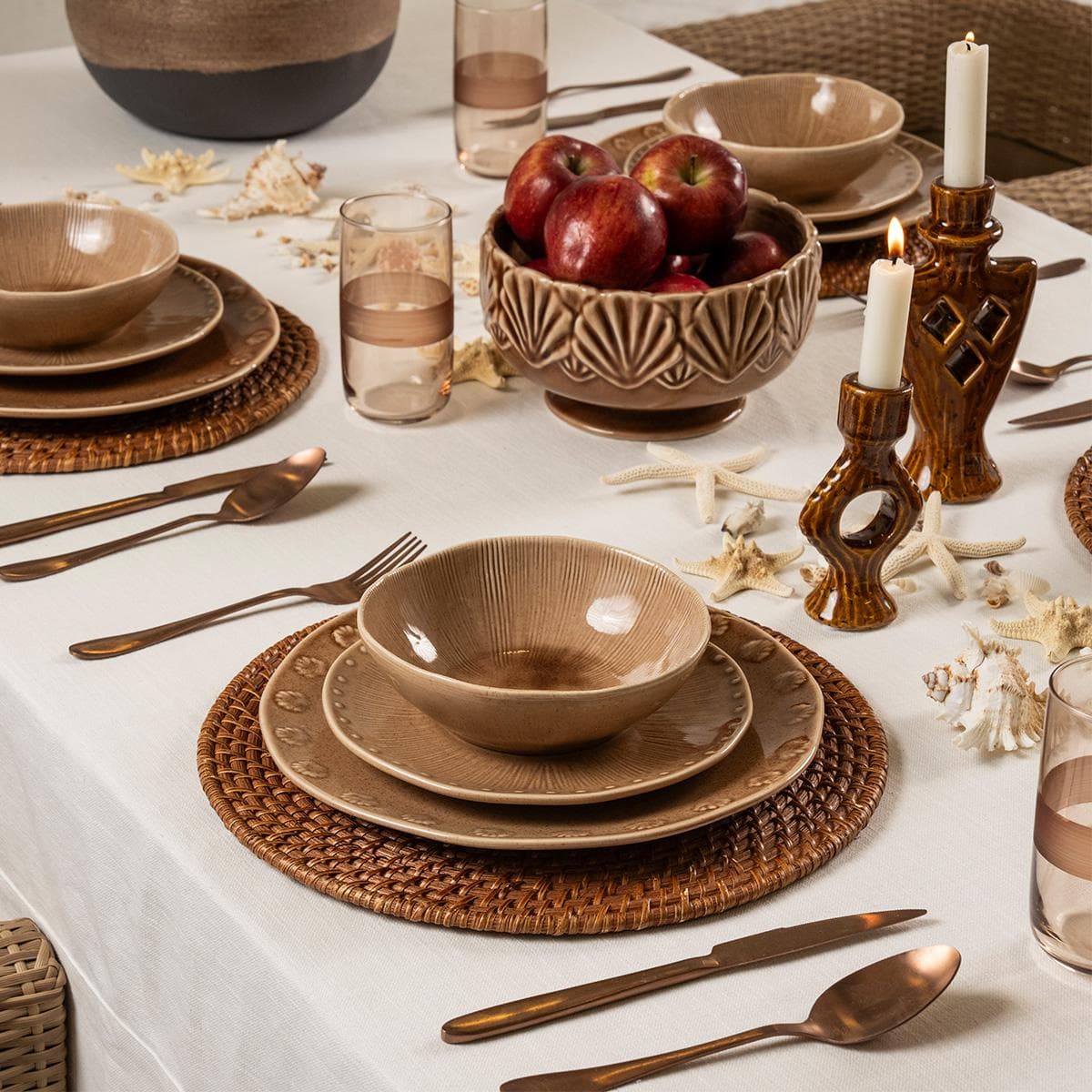 Lulu Embossed Stoneware Dinner Set 18Pcs Beige