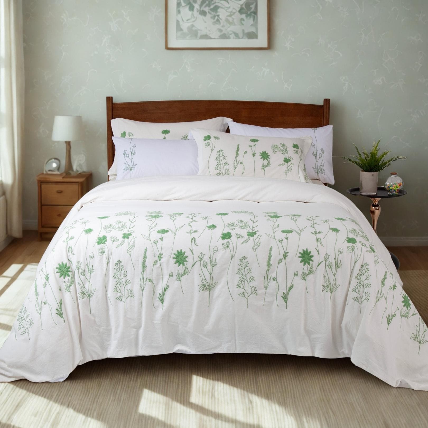 Zera Embroidered Duvet Cover Set 5Pcs Offwhite/ Green 220X240 cm