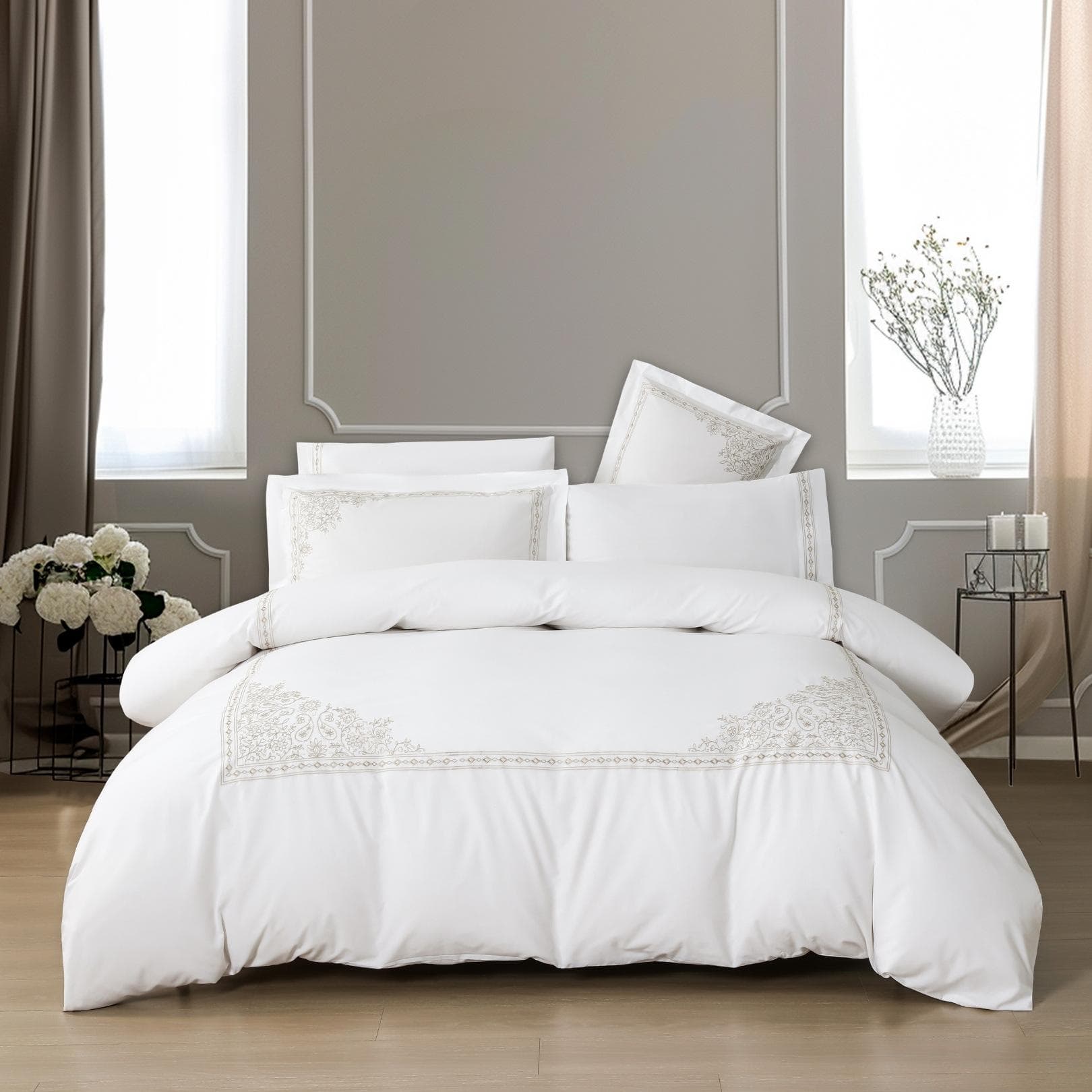 Filomena Embroidered Duvet Cover Set 5Pcs Beige 220X240 cm