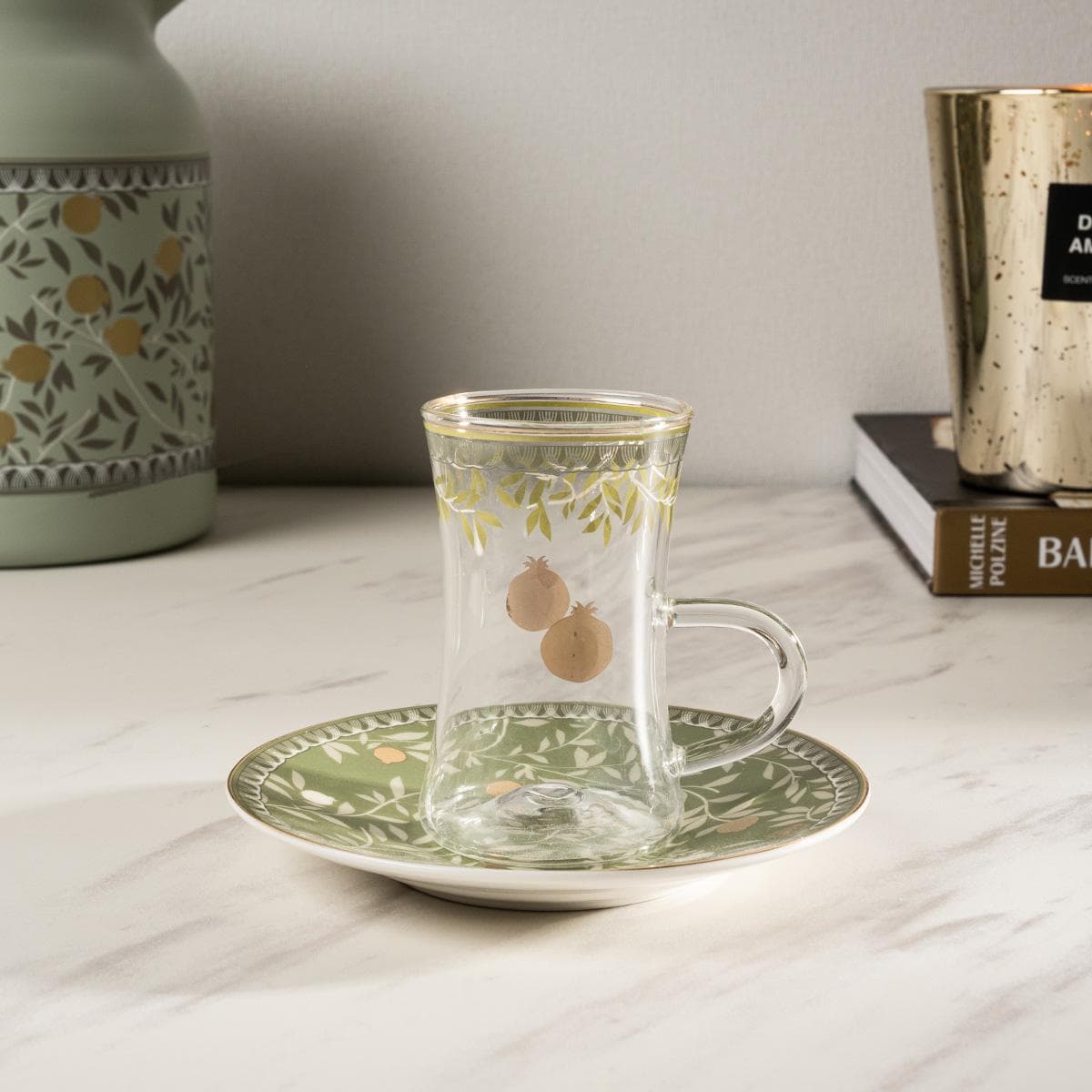 طقم إستكانات نيو بون رمانة 6 قطع أخضر