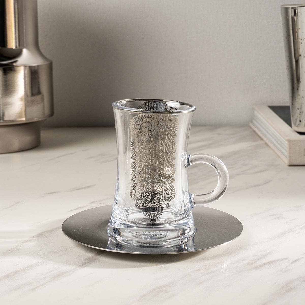 طقم إستكانات معدن نشل 6 قطع فضي