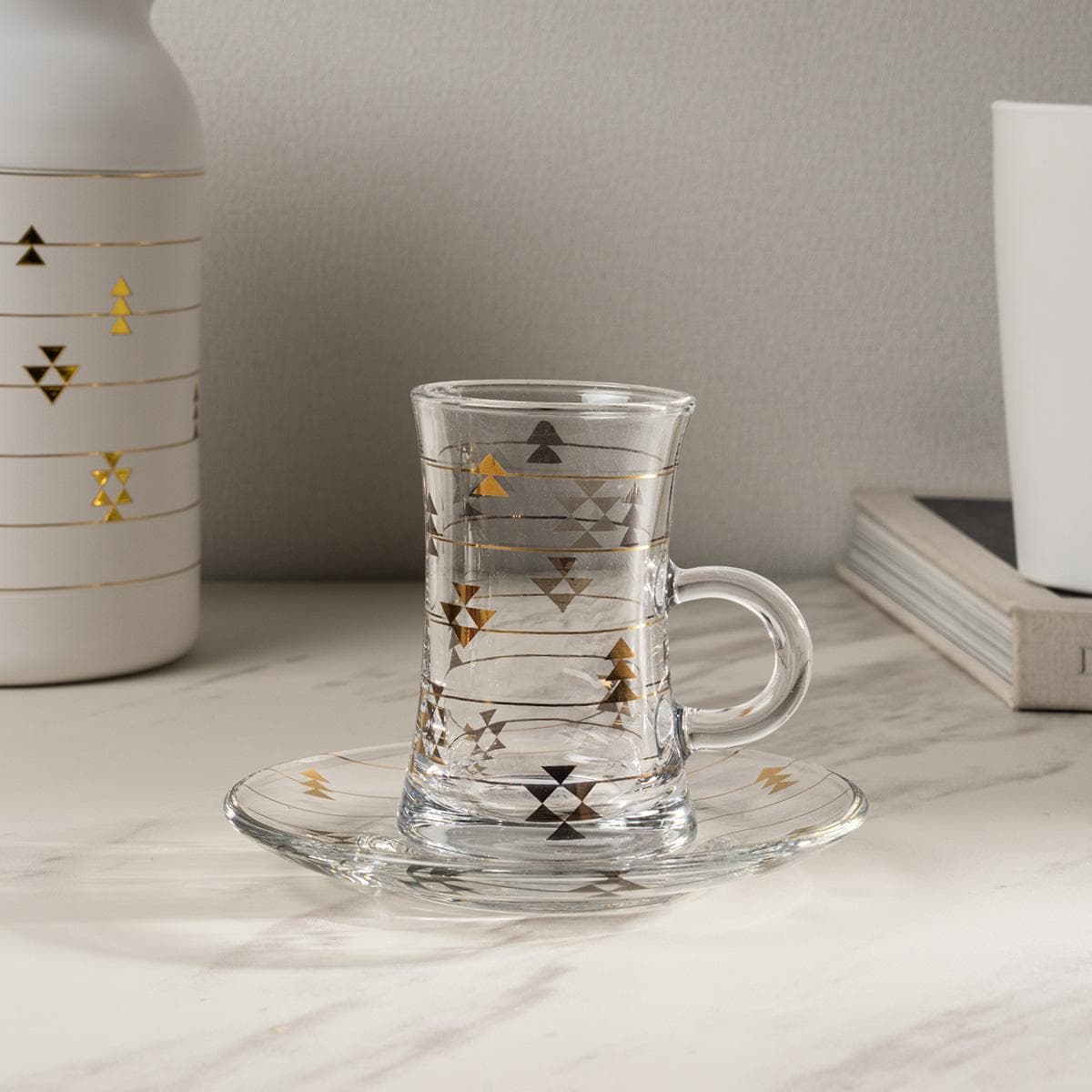 طقم إستكانات زجاج ستركتشر 6 قطع ذهبي/فضي