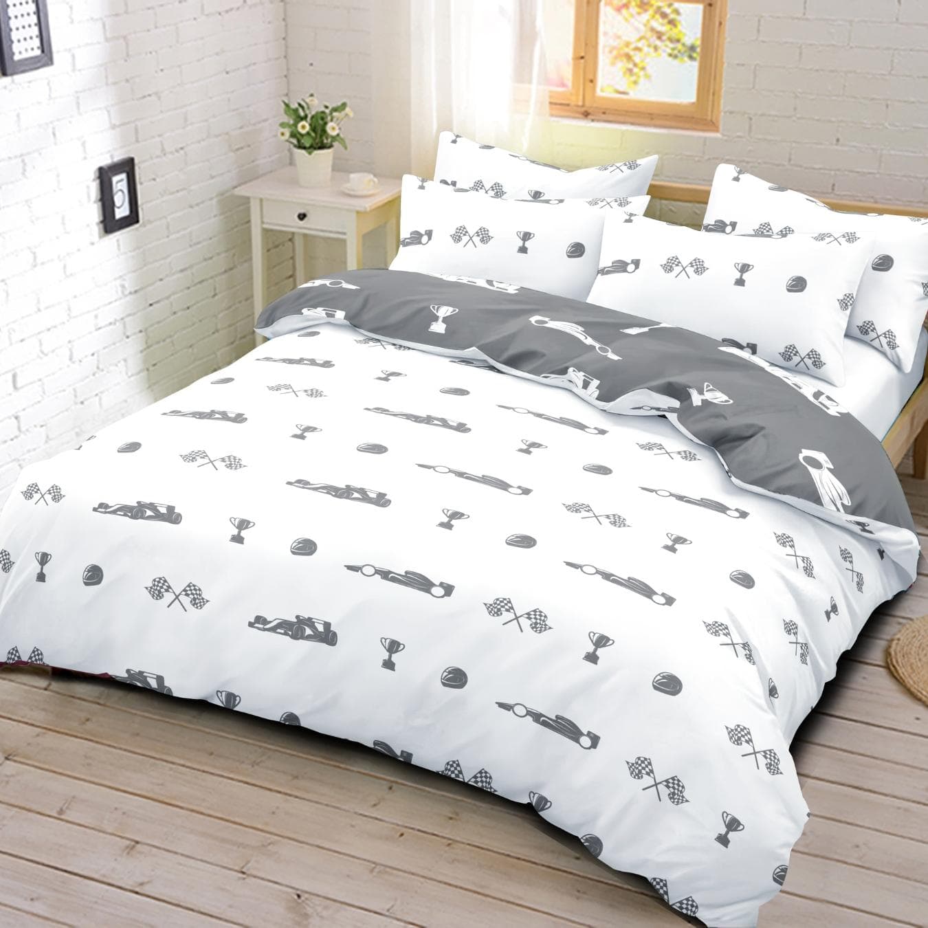 F1 Cars Kids Duvet Cover Set 2Pcs Grey 150X200 cm