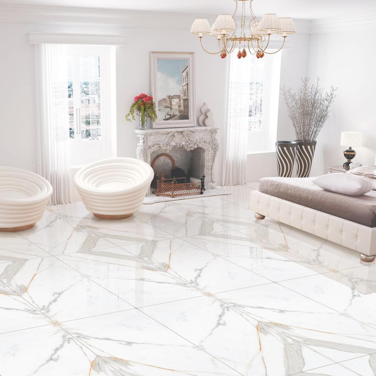 بلاط أرضيات بورسلين A أبيض لامع 60×120 سم