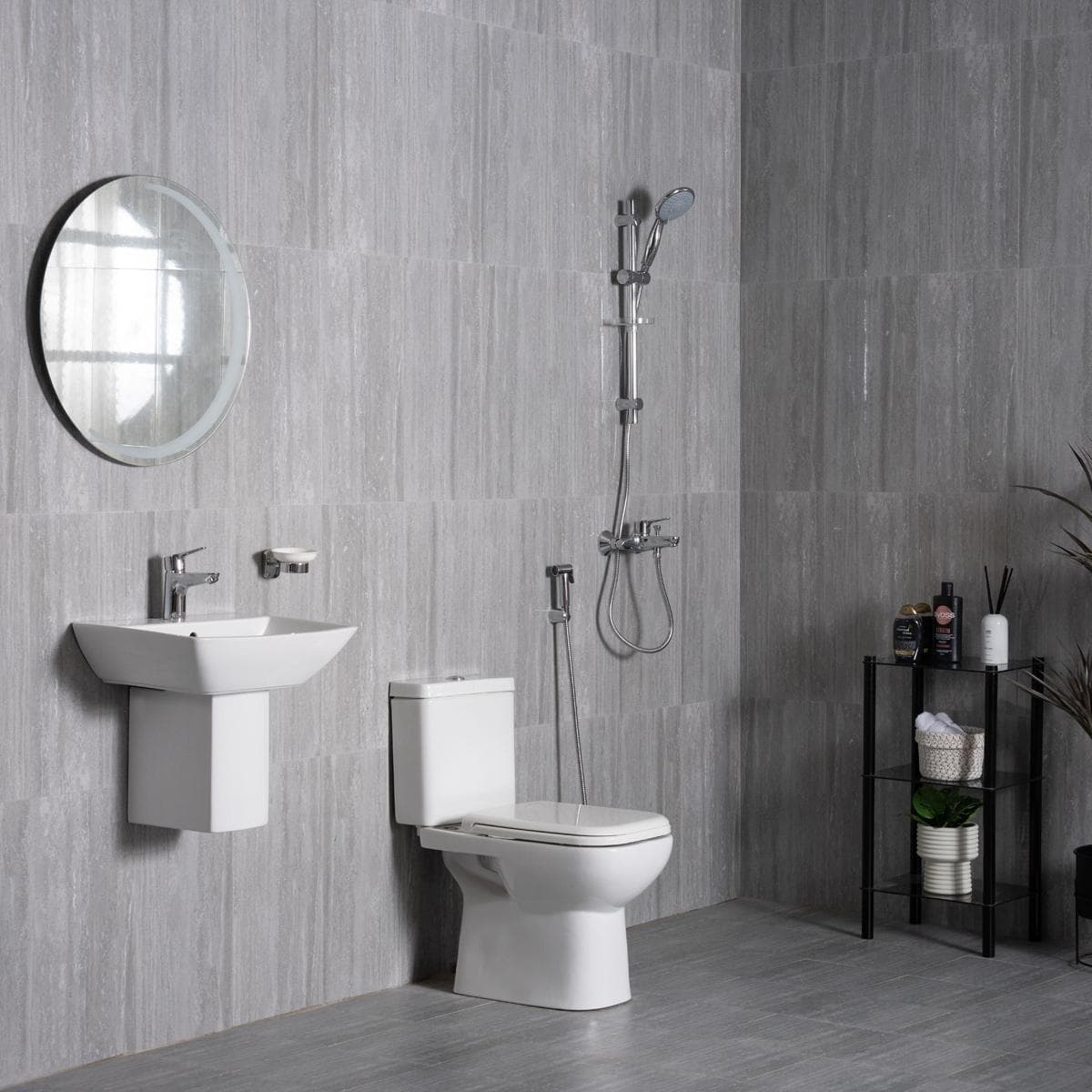 مجموعة أدوات صحية 6 قطع (مرحاض - مغسلة مع نصف قاعدة - مجموعة دوش - خلّاط بانيو ودش - خلّاط مغسلة وشطاف)