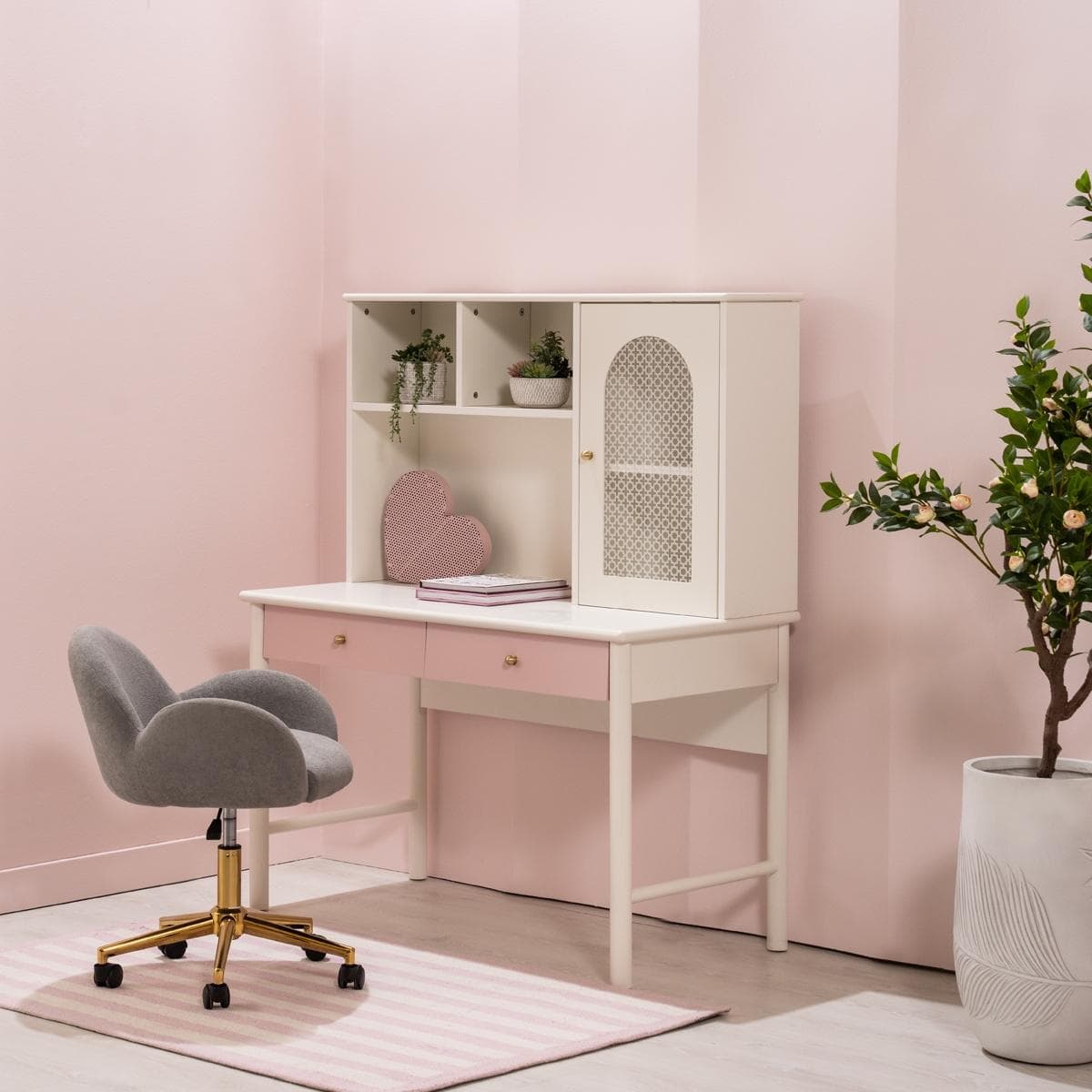 Khloe Kids Study Desk Pink/White + Hutch