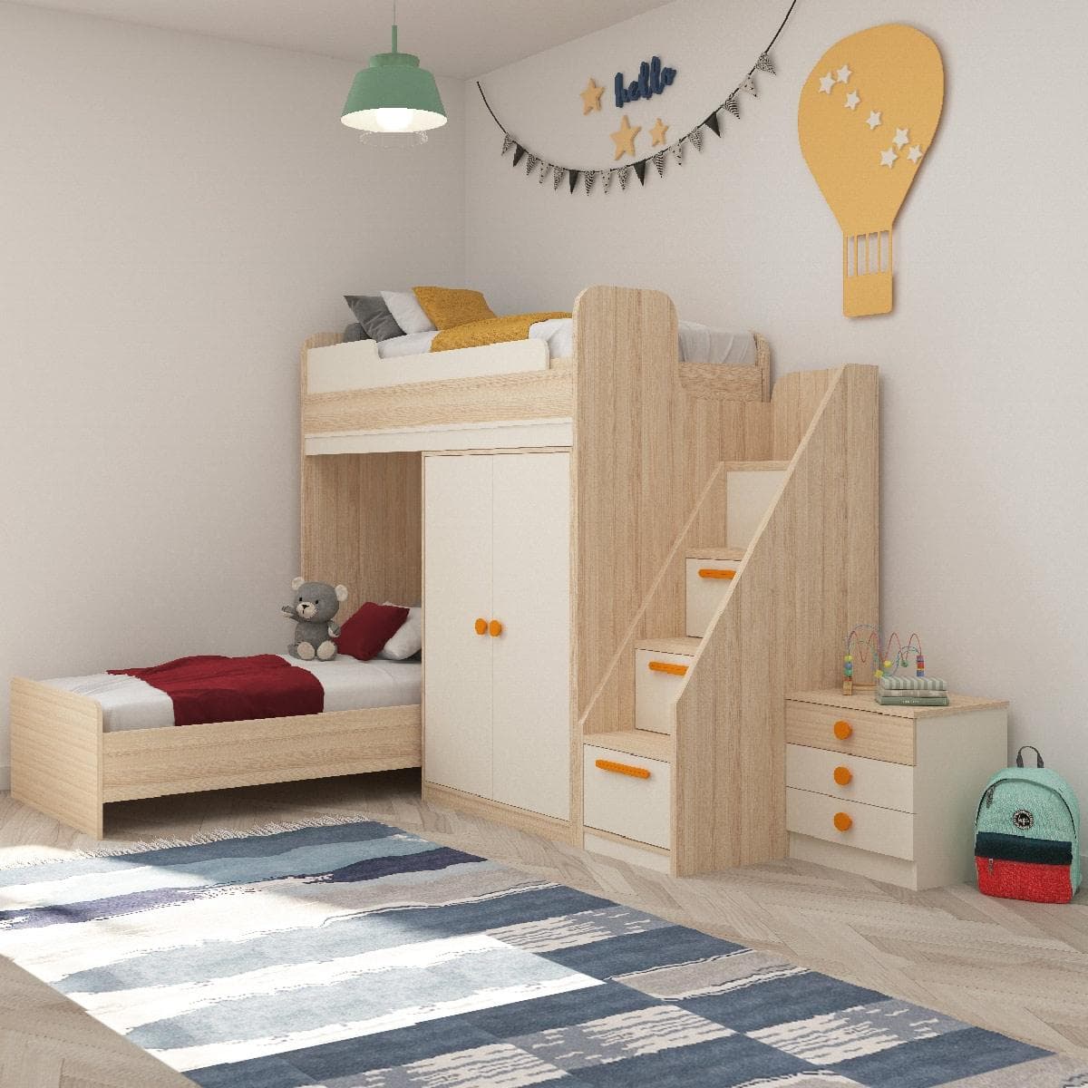 Flexy 90X200 Kids Bunk Bed Set Oak/Cream
