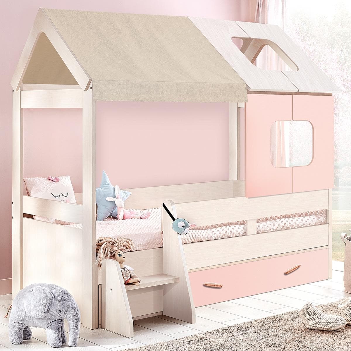 Pink House Eco 90X200 Kids Bed Oak/Pink