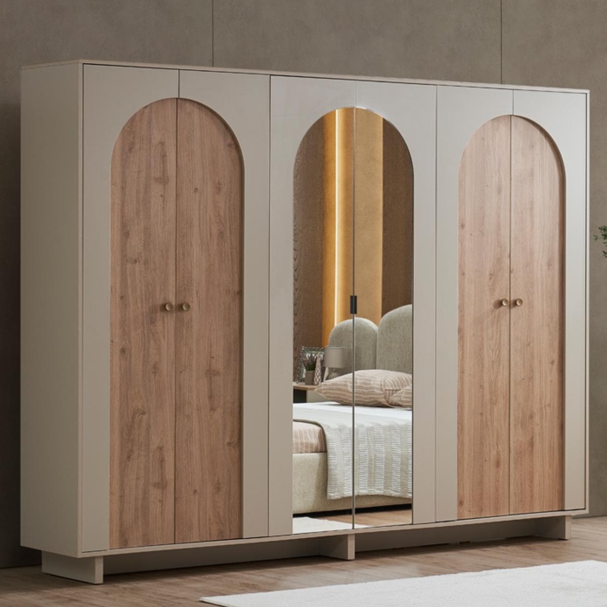 خزانة ملابس رينا 6 أبواب مع مرآة بلون خشب البلوط/رملي