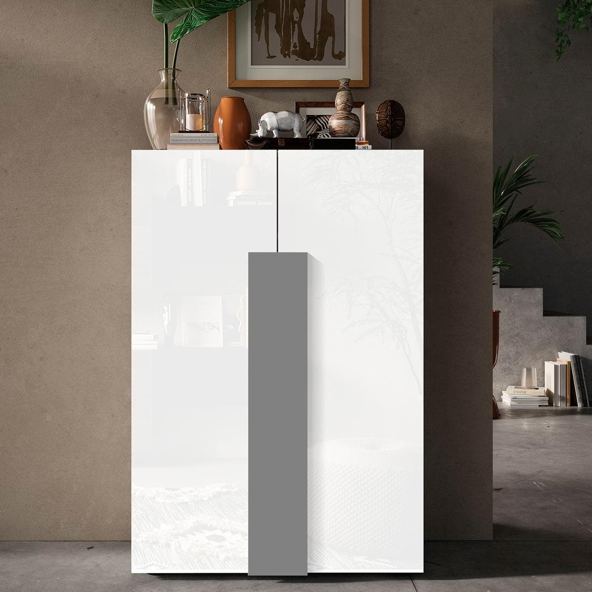 Jupiter 2-Door Shoe Cabinet Grey Handle White High Gloss