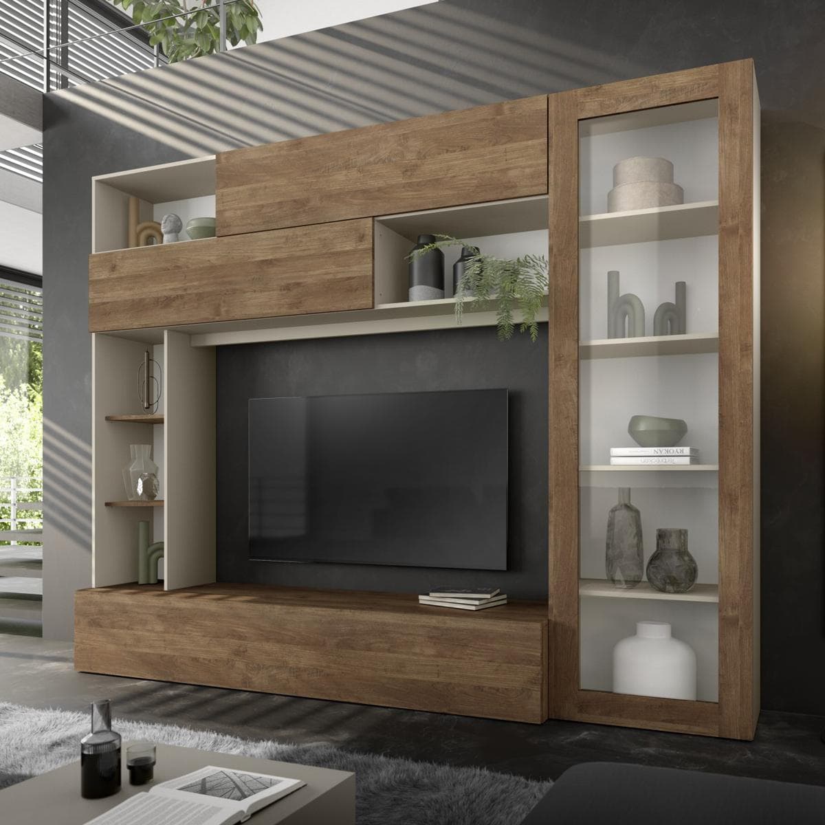 Pratiko Wall Unit with Glass Doors Beige/Walnut