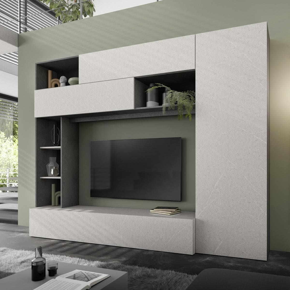 Pratiko Wall Unit with Wooden Doors Stone Grey