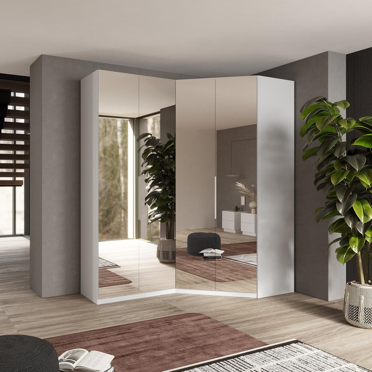 خزانة ملابس زاوية ستارت ببابين أبيض/مرآة