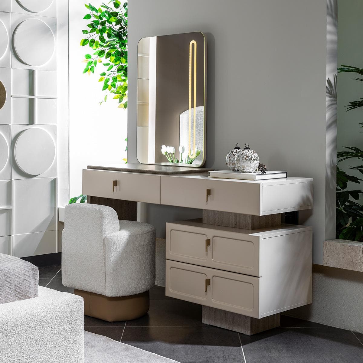 Dante Dresser with Mirror + Stool Beige