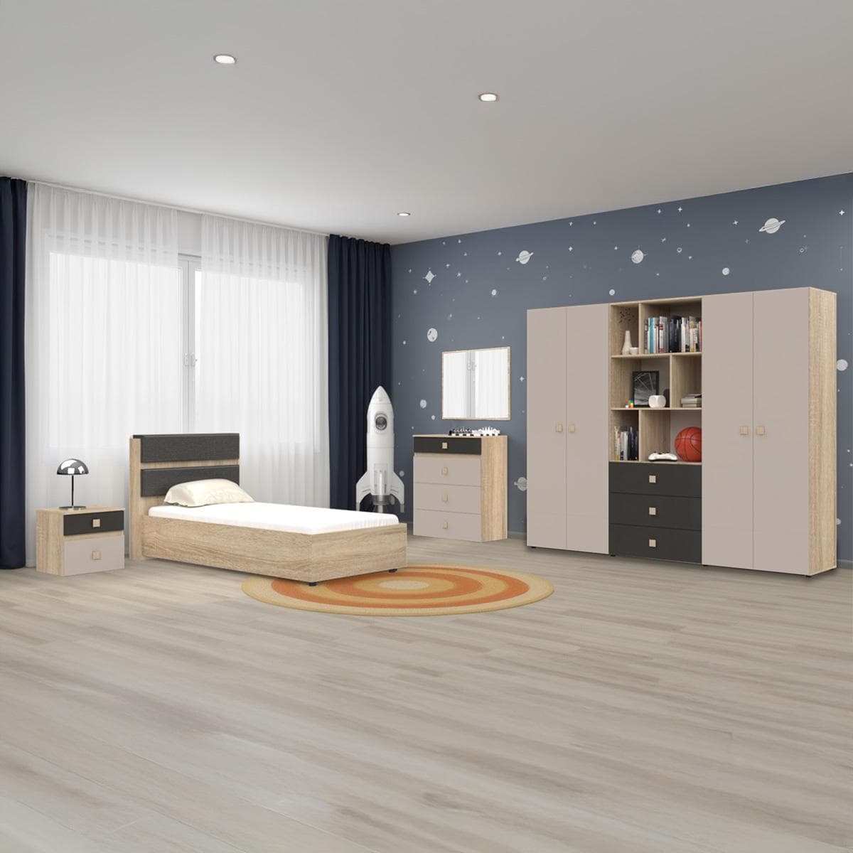 Twins 90X200 Kids Bed Oak/Dark Grey