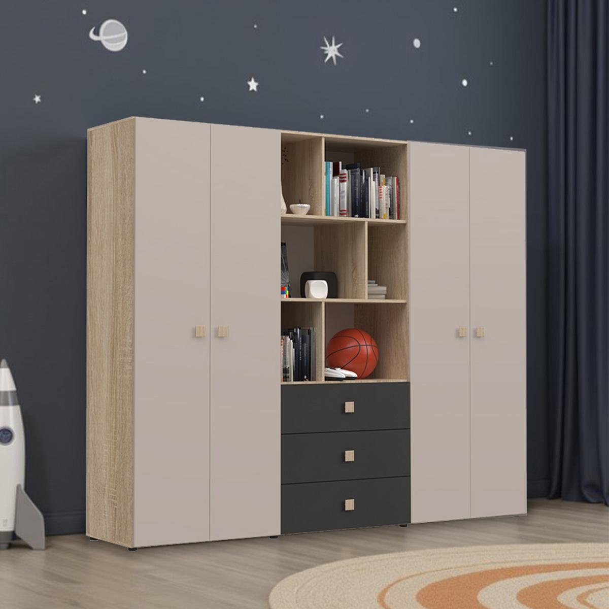 Twins 4-Door Kids Wardrobe Oak/Dark Grey