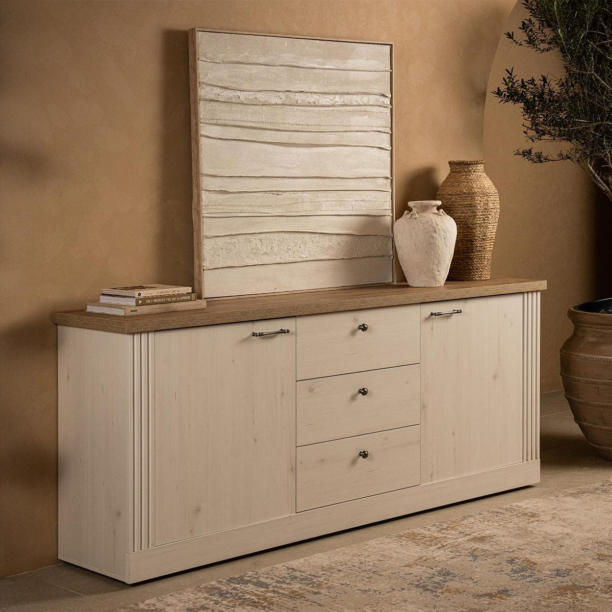 خزانة جانبية كانتري بابين أبيض/سنديان