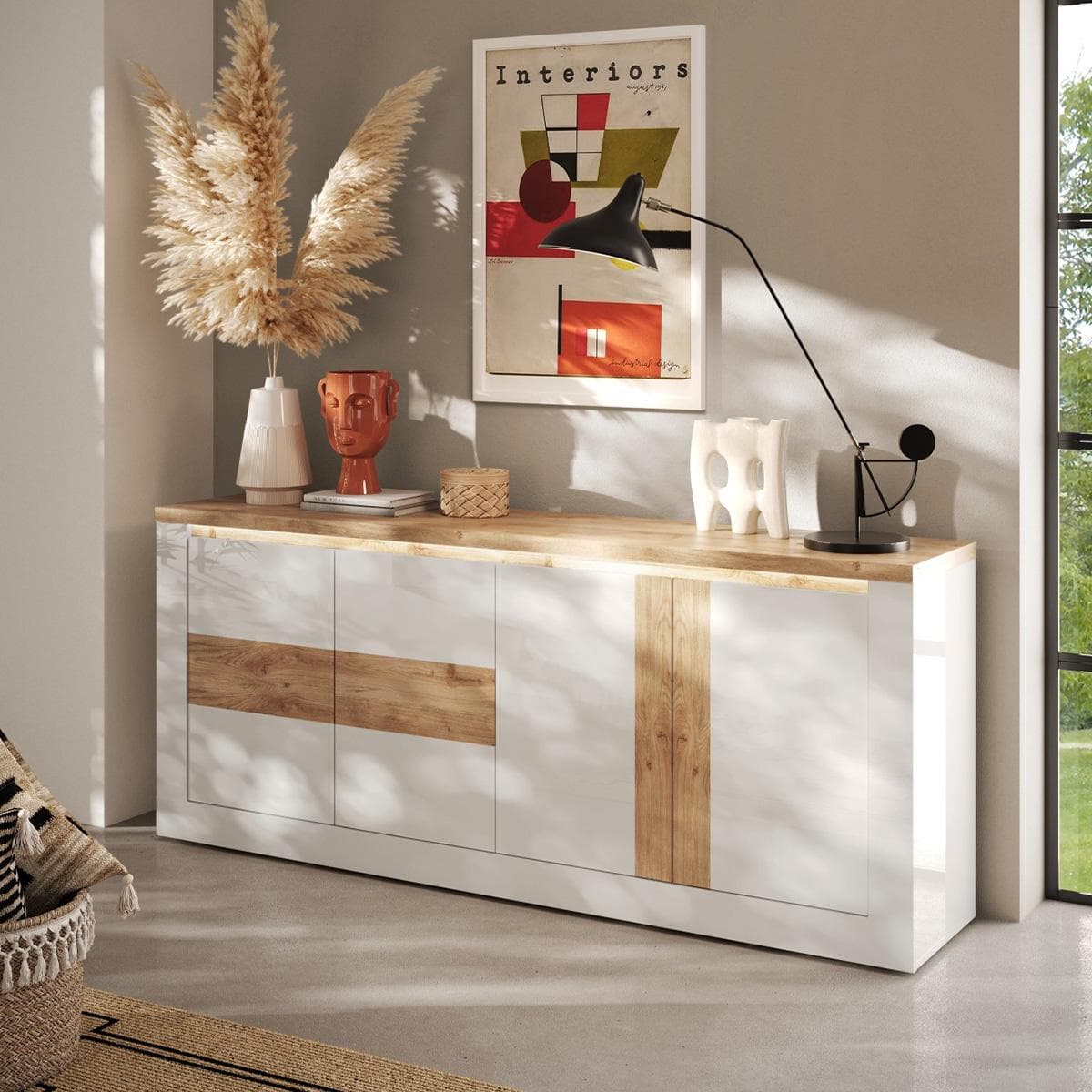 Iris 4-Door Sideboard White High Gloss/Oak