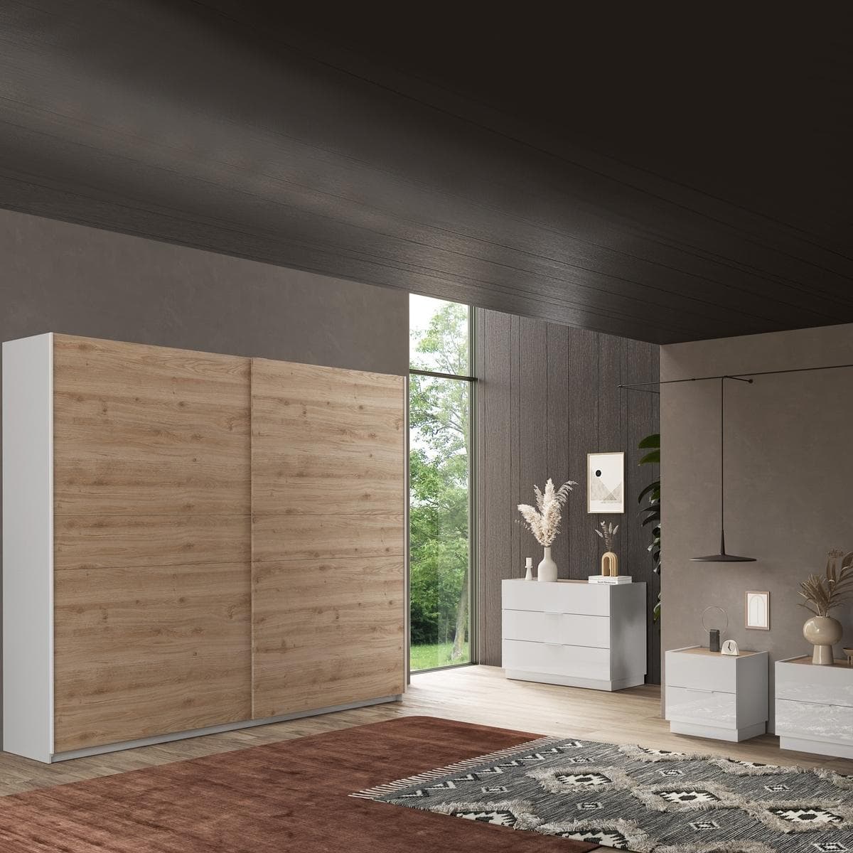 خزانة ملابس ستارت بباب مُنزلق أبيض/لون خشب البلوط 220 سم