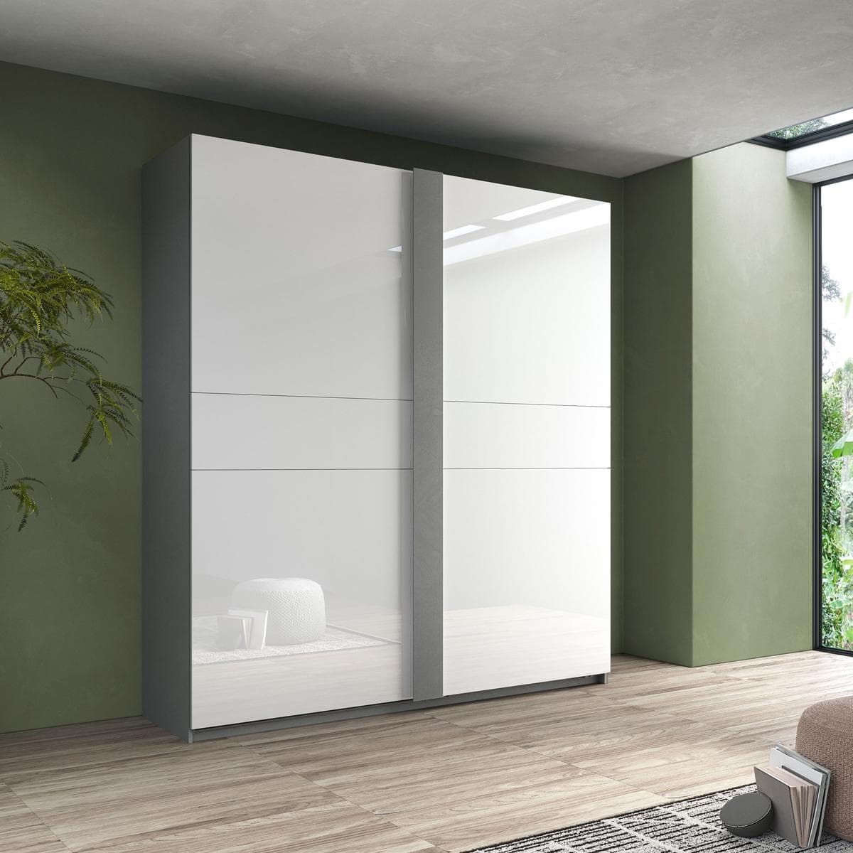 خزانة ملابس جوبيتر بباب مُنزلق رمادي/أبيض شديد اللمعان 220 سم