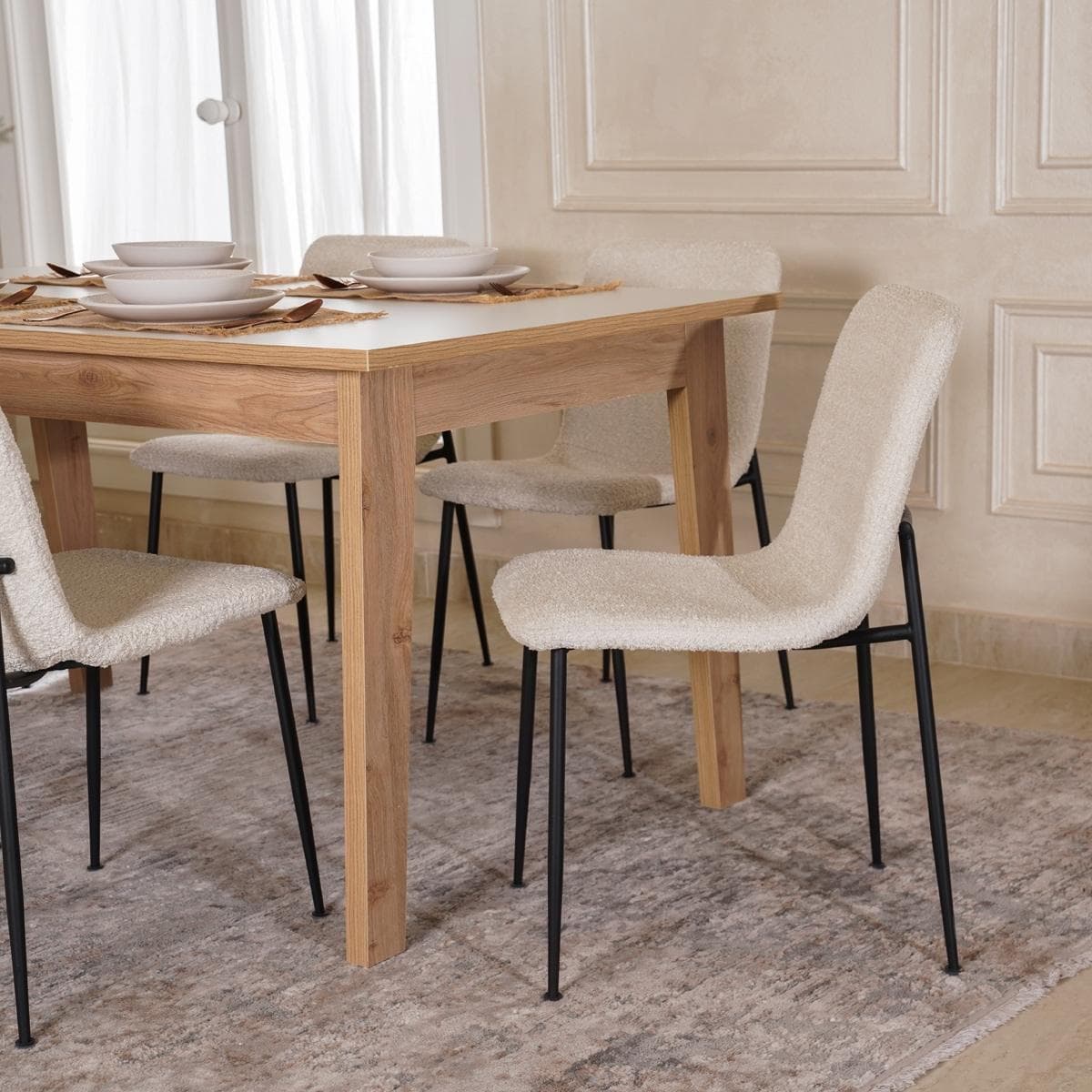 London 6+1 Dining Set Oak White/Beige