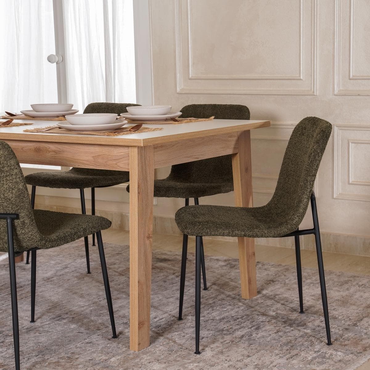 London 6+1 Dining Set Oak White/Olive