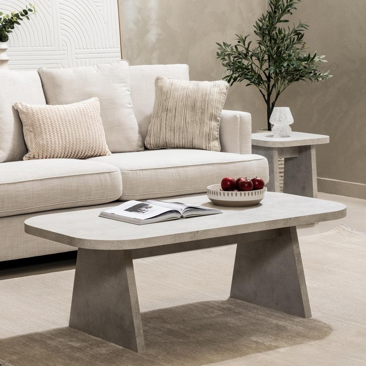 طقم 1 طاولة قهوة كايا + 2 طاولة جانبية أبيض/رمادي