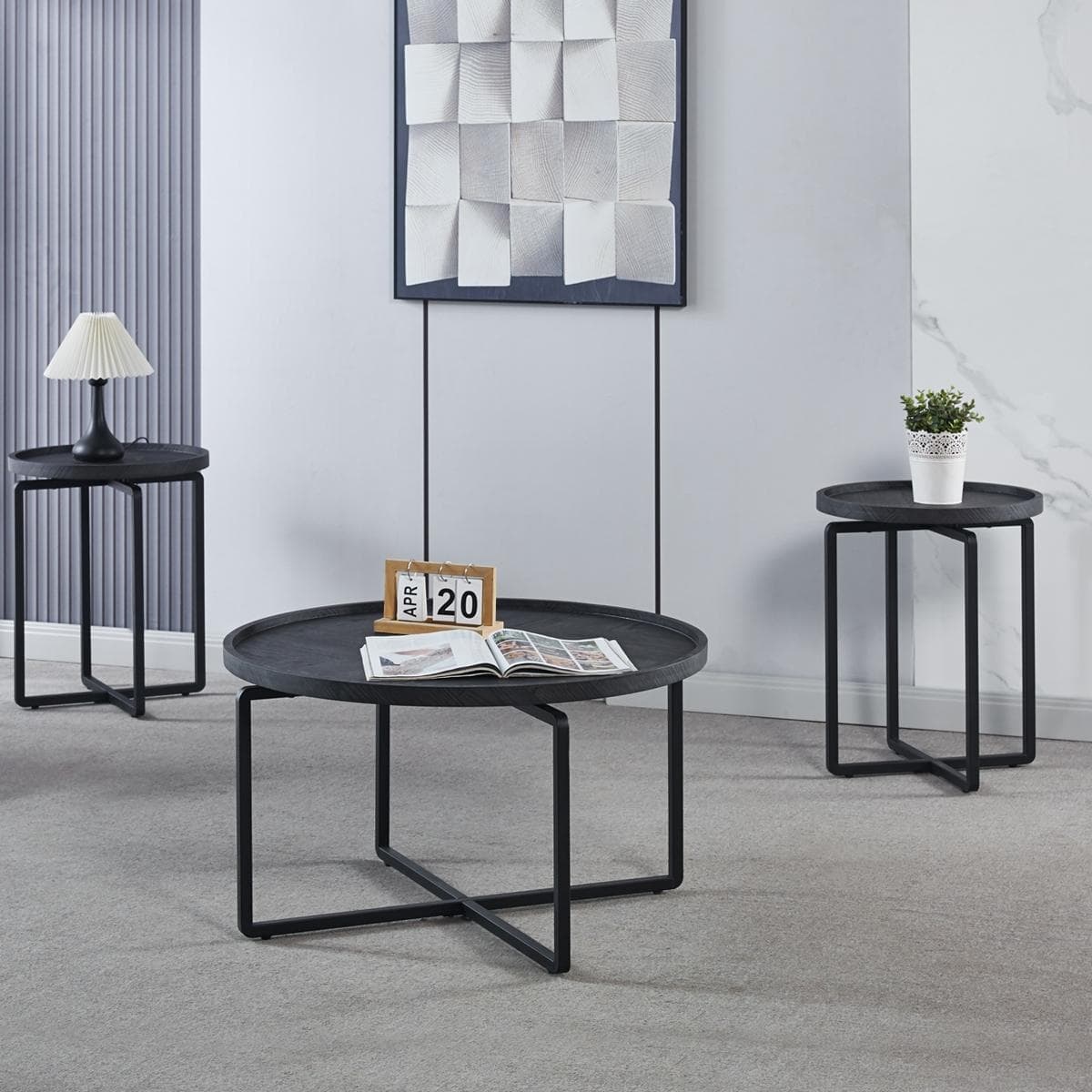 Rayong 1 Coffee Table + 2 End Tables Set Dark Grey