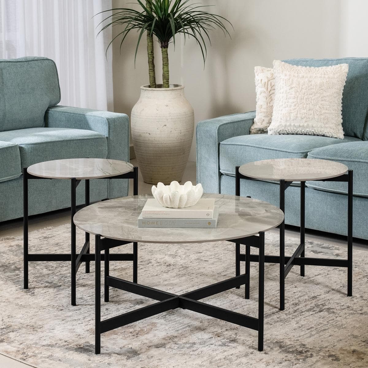 طقم 1 طاولة قهوة بلاك + طاولتان جانبيتان رمادي