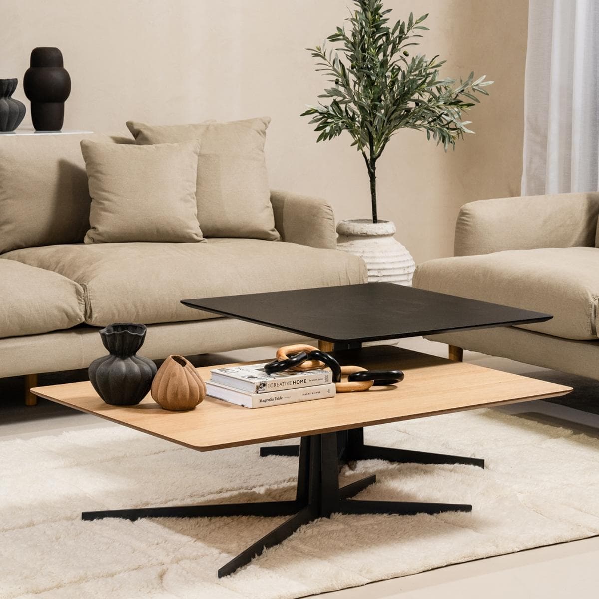 طقم 2 طاولة قهوة إيفرست بلون البلوط الطبيعي/أسود