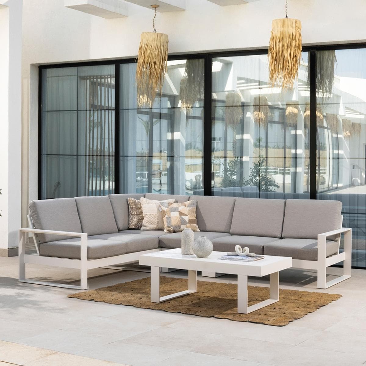 Brenta L-Shape Garden Corner Sofa Set White/Grey + Coffee Table