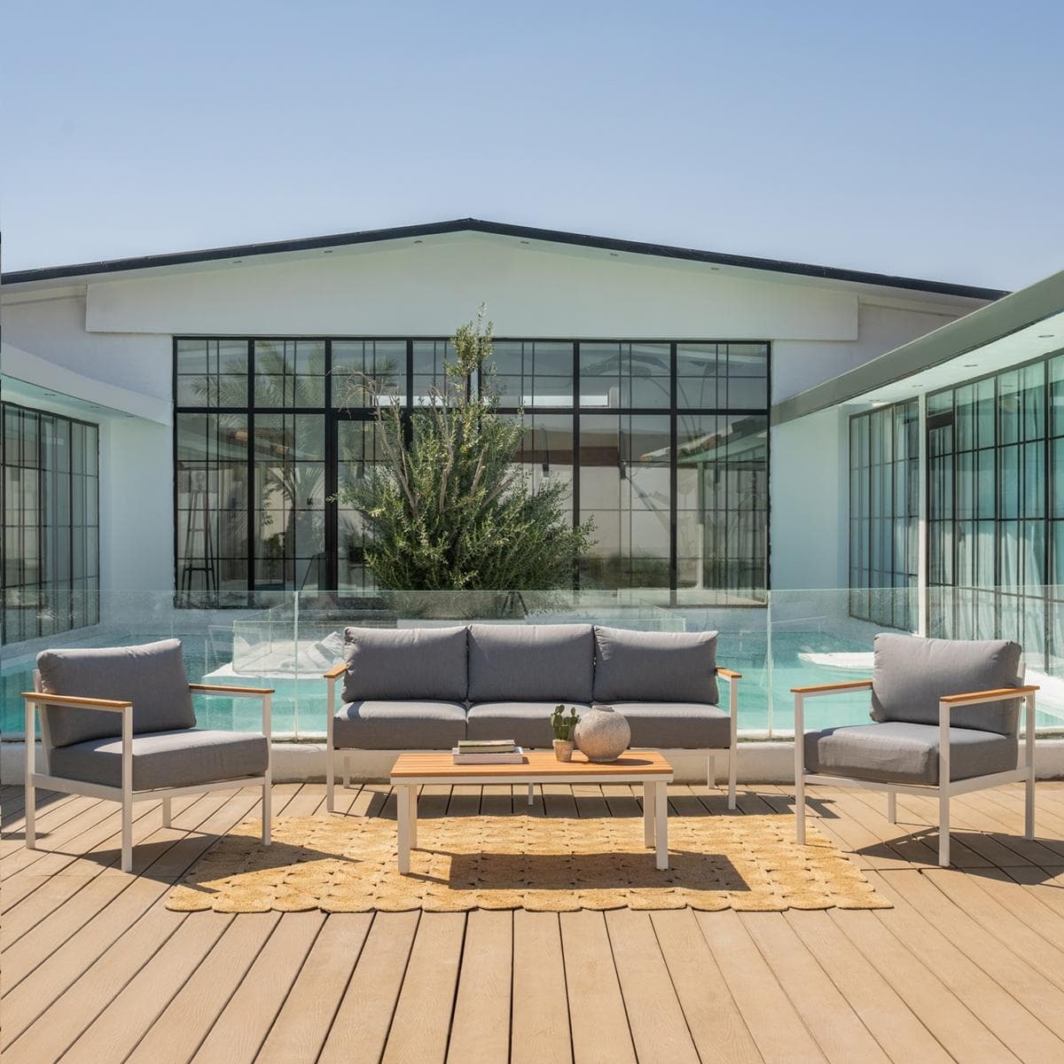 Madrid 3+1+1 Garden Sofa Set + Coffee Table White/Light Grey