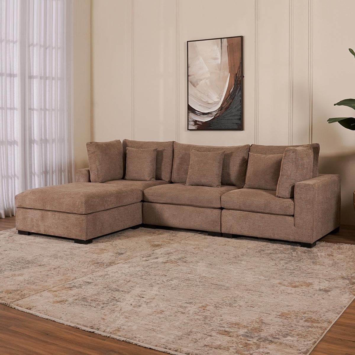 Deluxe 3 Seater Sofa with Ottoman Light Brown