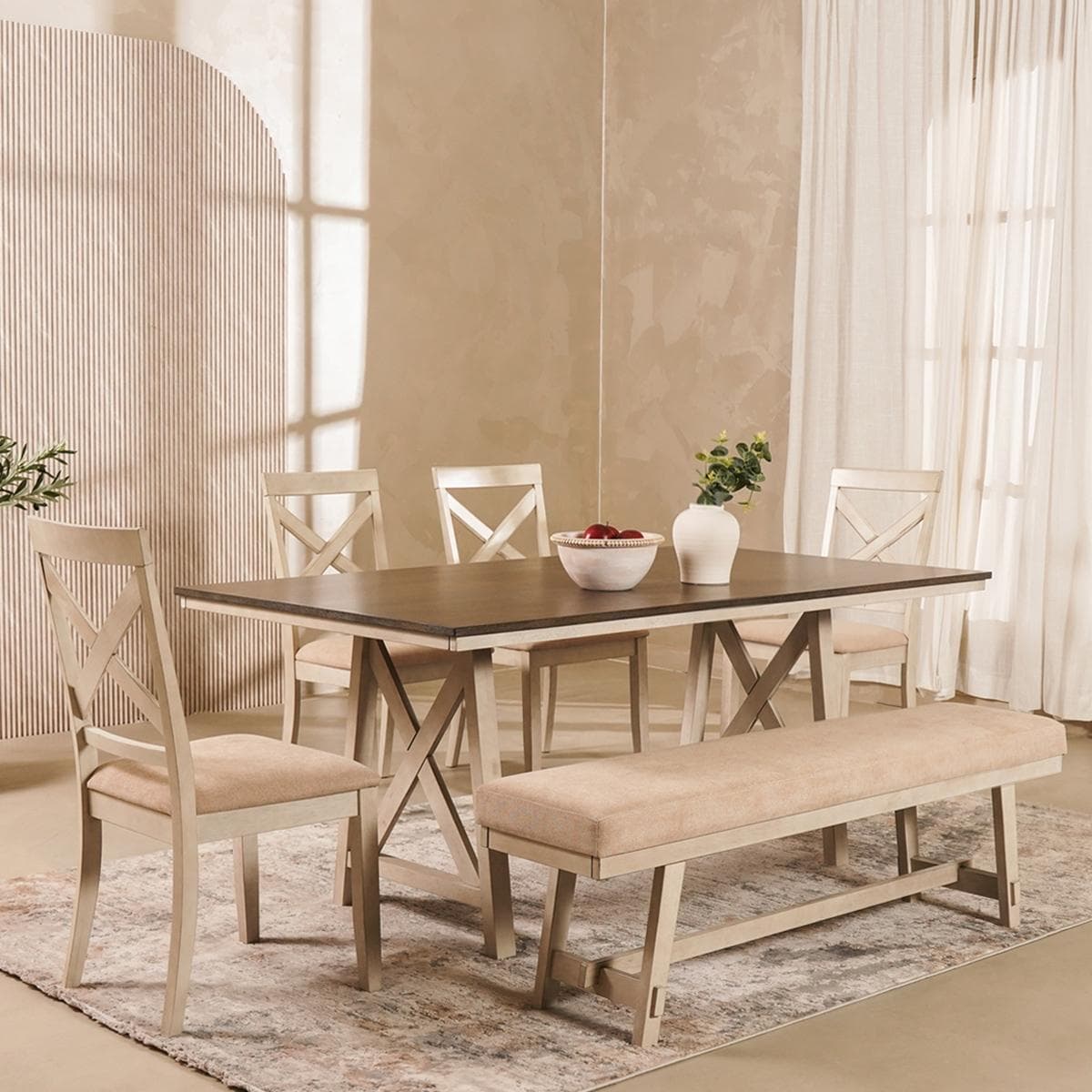 طقم طاولة طعام منتور 4+1+1 بني