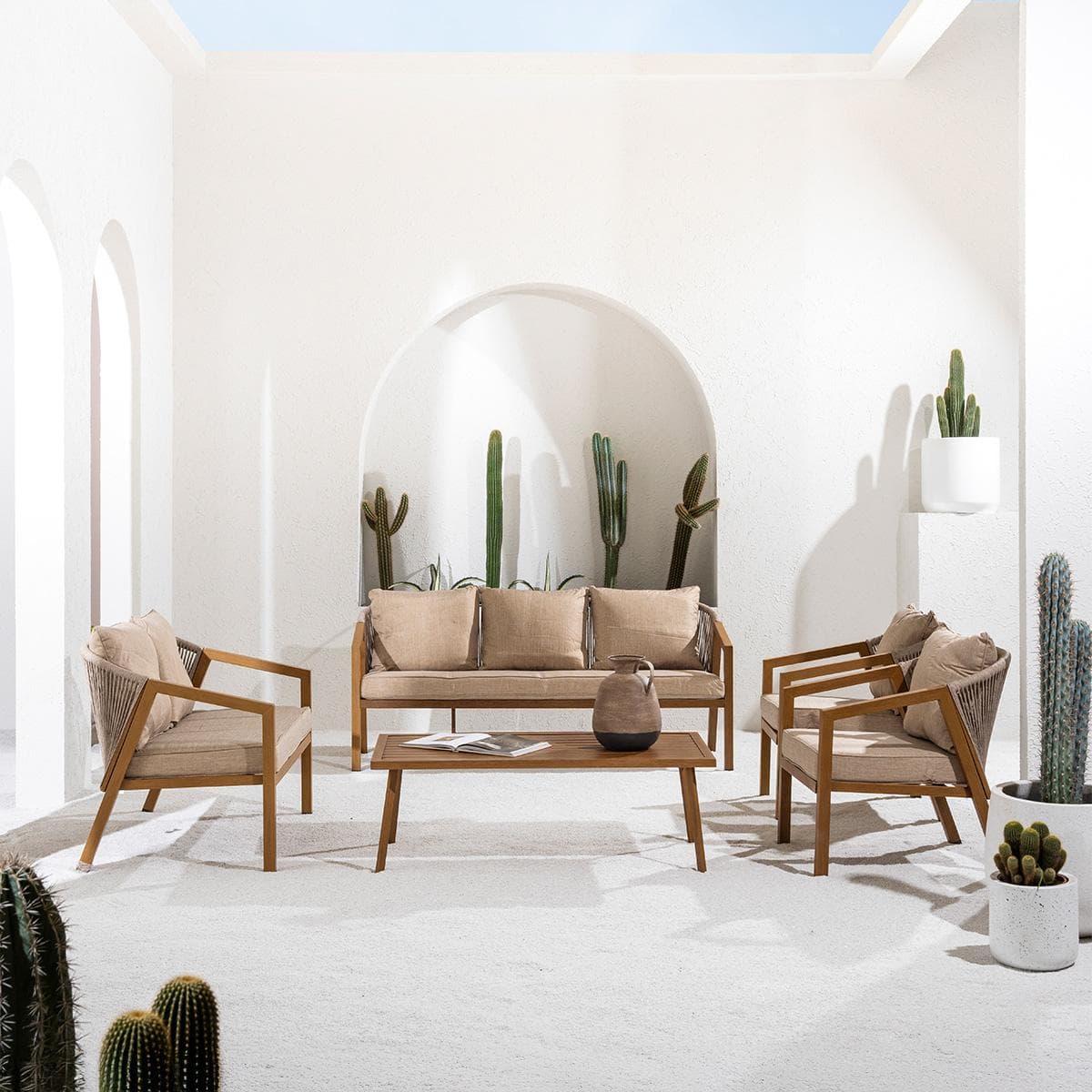 طقم صوفا ماربيلا 3+2+1+1 للقعدات الخارجية بني/بيج رمادي + طاولة قهوة