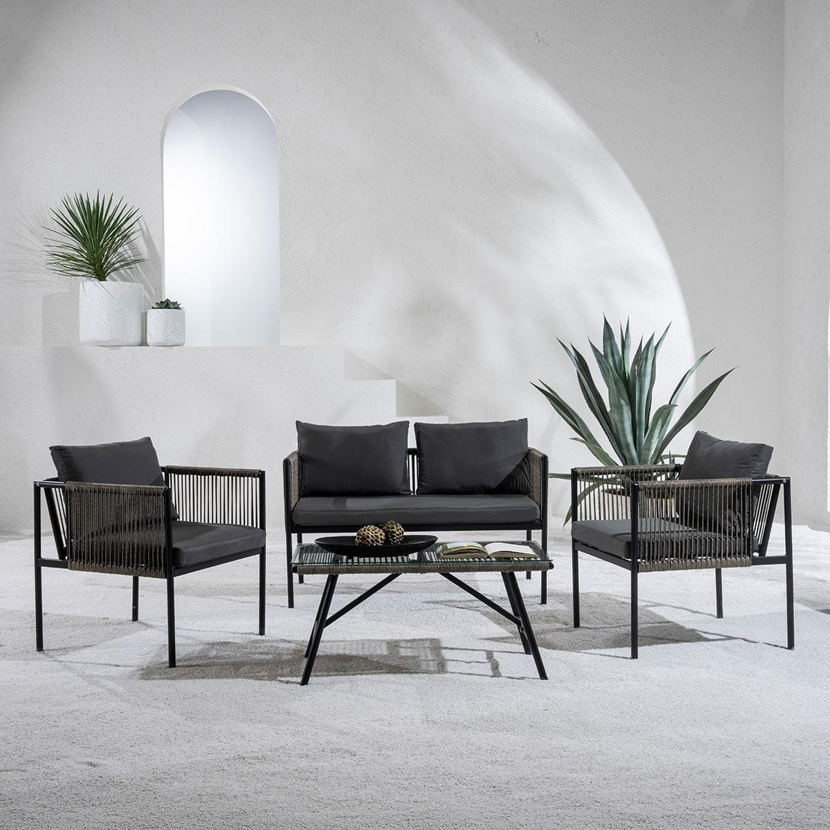 طقم صوفا إيفورا 2+1+1 للقعدات الخارجية رمادي + طاولة قهوة