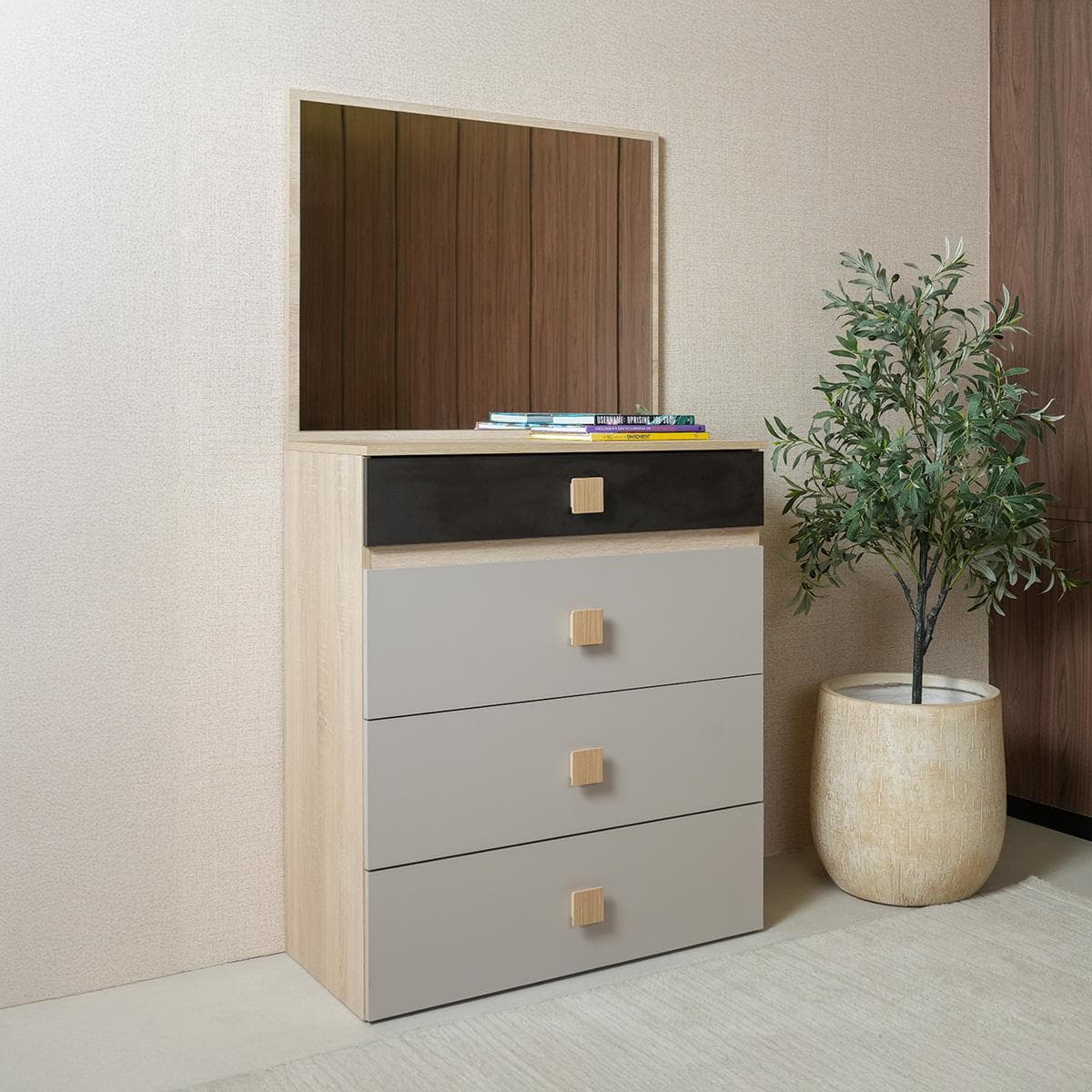 Twins Kids Dresser With Mirror Oak/Dark Grey