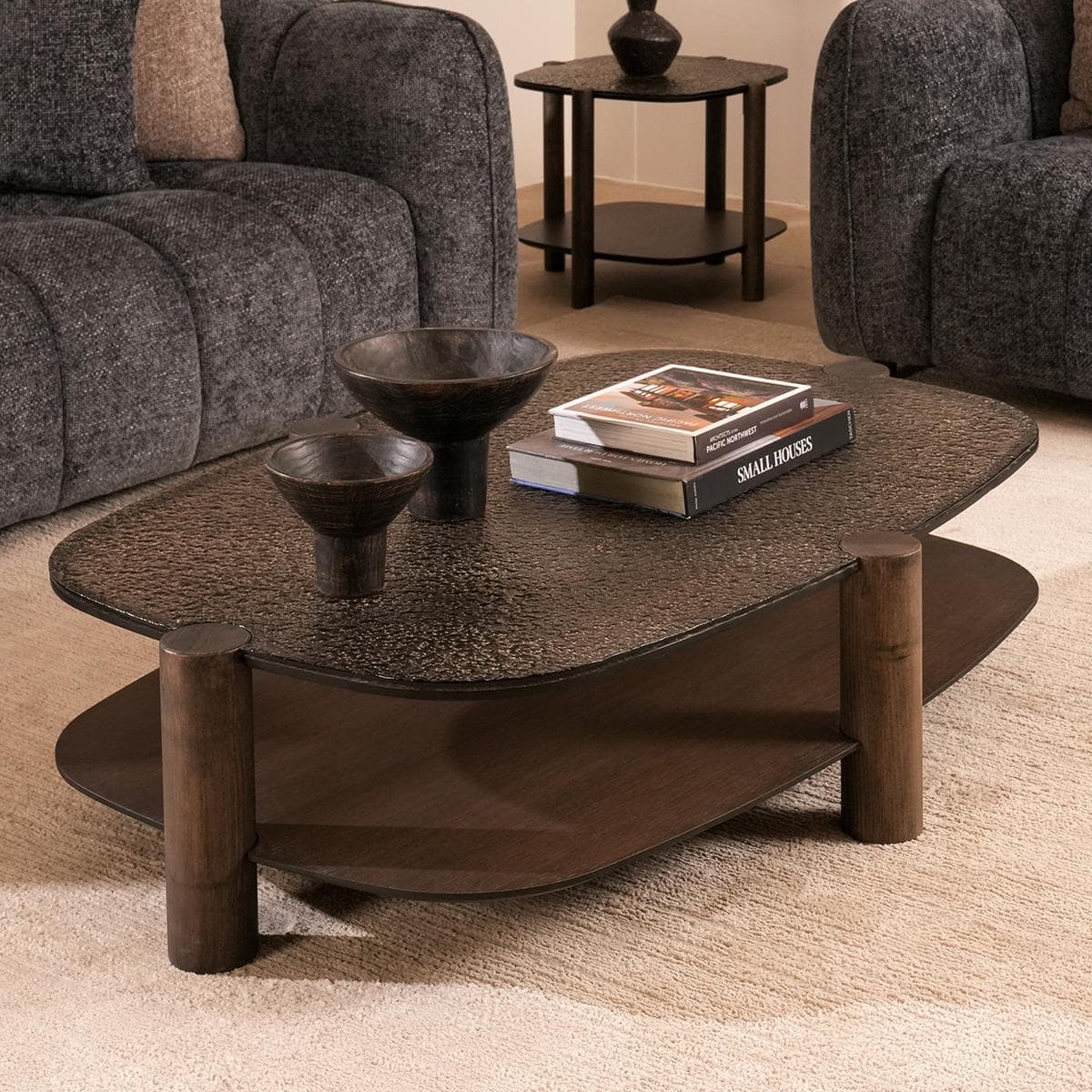 Tigris Coffee Table + 2 End Tables Set Brown/Glass