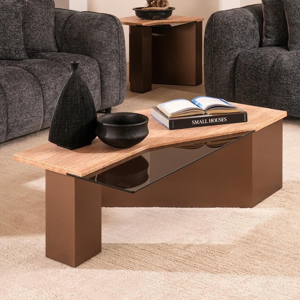 Orin Coffee Table + End Table Set Brown Travertine/Glass